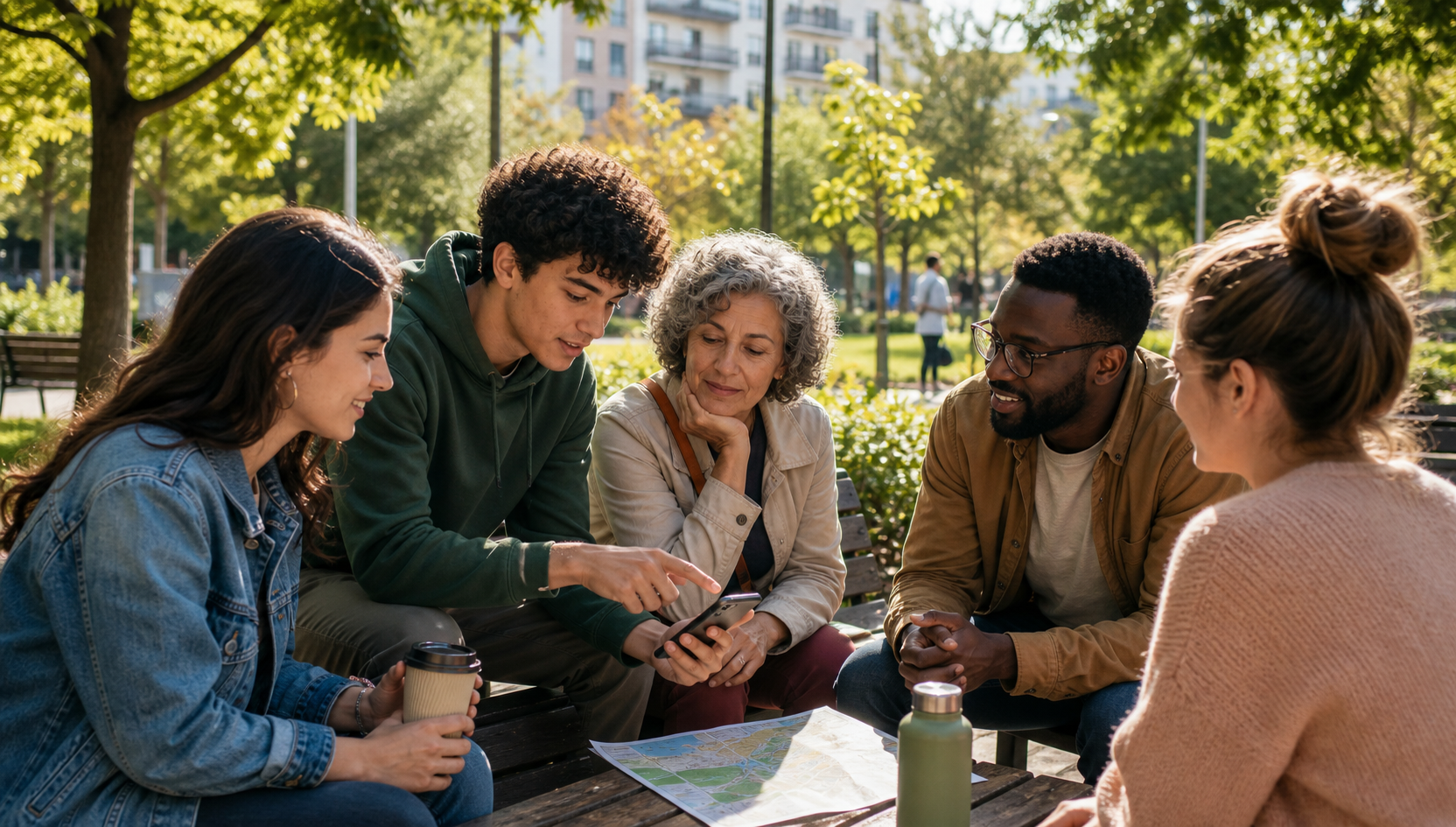 A diverse group of citizens discussing local community issues together in an urban park.